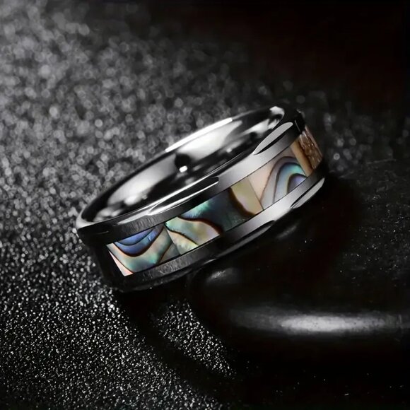 Tungsten Steel Carbide & Abalone Carbon Inlay Design statement Ring